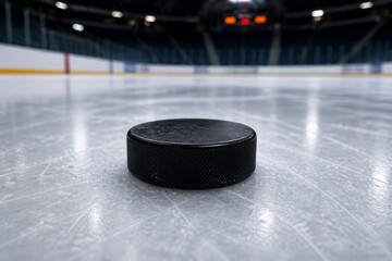 Obraz premium Hockey puck resting on scratched ice rink surface under lights