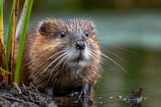 Close-up portrait of a muskrat by a muddy riverbank under natural light