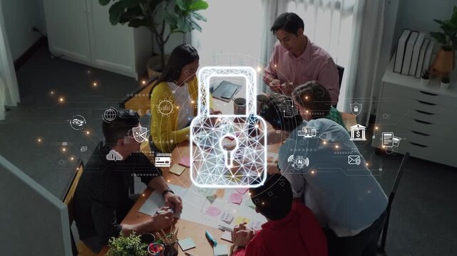 Diverse team engages in productive brainstorming session focused on cybersecurity solutions in a modern office, symbolizing commitment to data protection and privacy measures. Raster