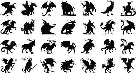 Naklejka premium Mythical creatures and fantasy monsters silhouettes set featuring dragons, griffins, pegasus, demons, and legendary beasts vector icons collection