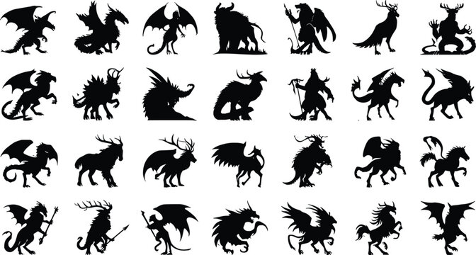 Mythical creatures and fantasy monsters silhouettes set featuring dragons, griffins, pegasus, demons, and legendary beasts vector icons collection