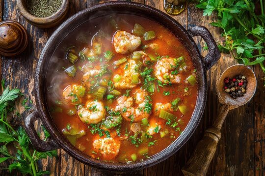 Cozy Cajun seafood gumbo simmering in a heavy pot, overhead view of rich broth and seafood