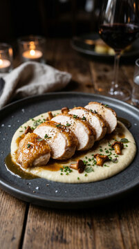 Supr&ecirc;me de volaille r&ocirc;ti servi sur une pur&eacute;e fine avec champignons