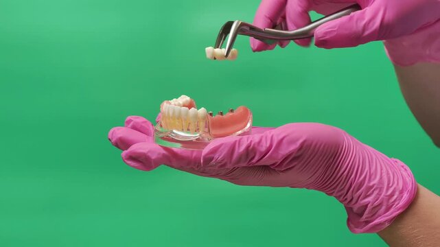 Dentist Removing and Replacing Implant-Supported Bridge on Jaw Model