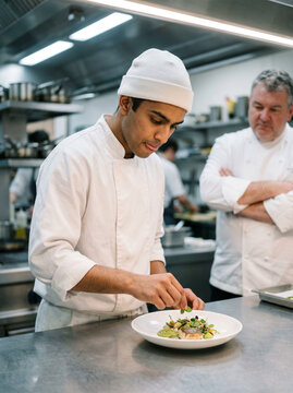 Jeune chef dressant avec pr&eacute;cision une assiette gastronomique en cuisine