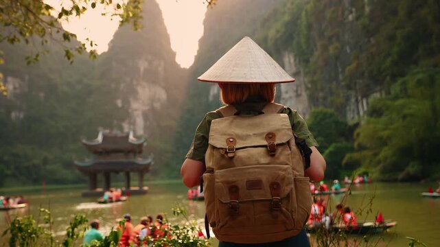 Woman tourist exploring Ninh Binh Vietnam at sunset amidst stunning limestone landscapes.