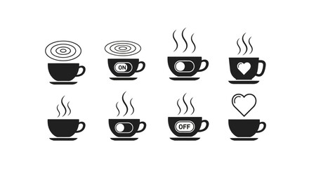 Obraz premium Collection of black icons on white background coffee cups symbolizing different concepts like power state engagement love and thought process