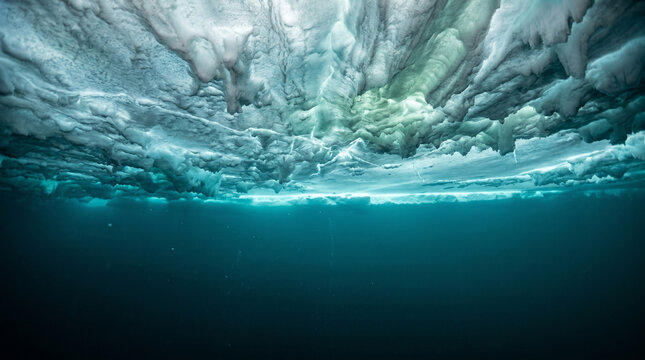 Vue sous-marine spectaculaire de la banquise et de l'eau bleue de l'oc&eacute;an