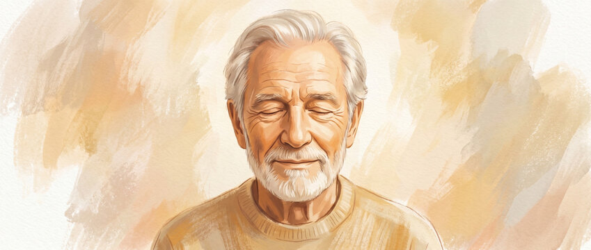 Portrait dessin&eacute; d'un homme &acirc;g&eacute; aux cheveux blancs les yeux ferm&eacute;s en pleine m&eacute;ditation