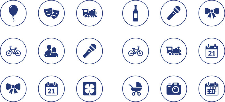 Blue circular icons of balloon, theater masks, toy train, wine bottle, microphone, bow, bicycle, people, calendar, clover, stroller, camera