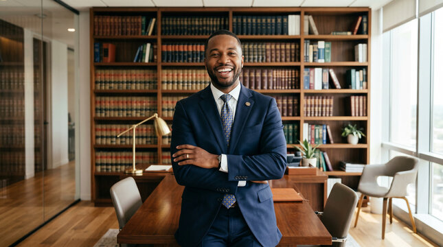 Portrait d'un avocat ou homme d'affaires souriant dans un bureau de loi avec biblioth&egrave;que