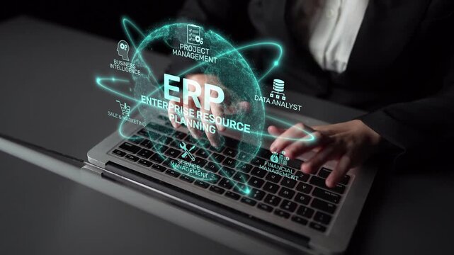 ERP platform visual showing centralized system for enterprise resource planning, improving integration, data flow, business efficiency, finance, inventory, and human resources. Muxer