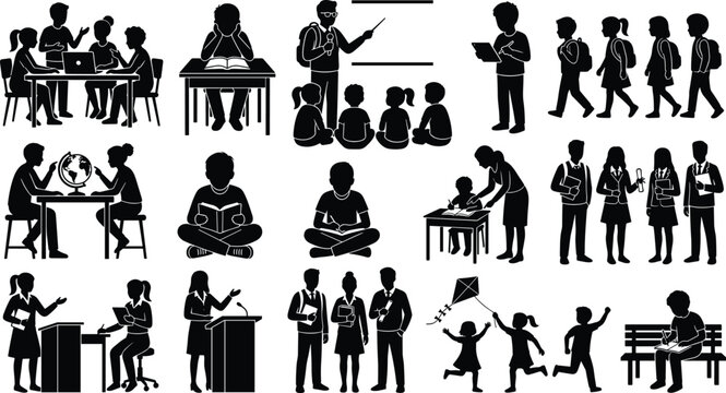 Education silhouette icons, students learning, teacher instructing, classroom collaboration, reading, studying, school activities, black silhouette art illustration