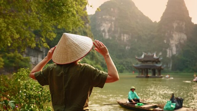 Woman tourist exploring Ninh Binh Vietnam at sunset amidst stunning limestone landscapes.