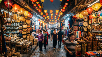 Obraz premium Lantern-lit night market street with traditional shops and crowds walking