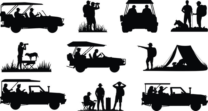 Safari outdoor silhouettes, wildlife observation adventure, binoculars tents vehicles animals, wilderness exploration vector, travel nature illustration design