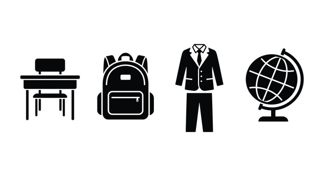 School Supplies Silhouette Set On White Background