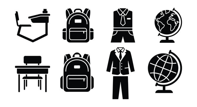 School Supplies Silhouette Set On White Background