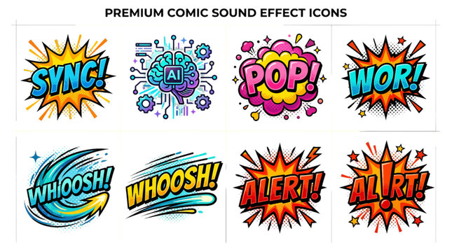 Vibrant comic book sound effect vector graphic icons featuring colorful explosive bursts and dynamic typography for modern digital creative projects