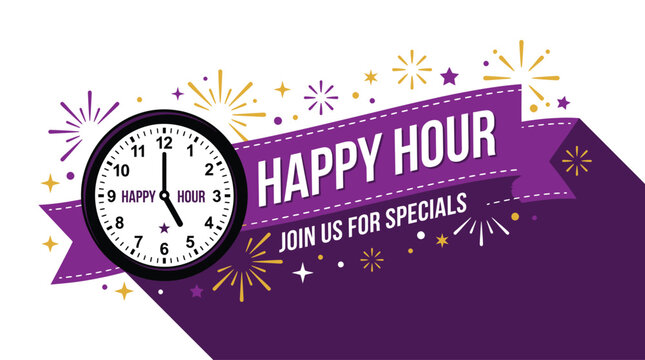 Happy Hour Promotion With Clock And Fireworks For Bar Events