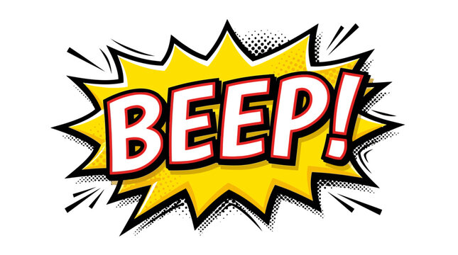 Vibrant yellow comic book style speech bubble containing the word beep rendered as a bold flat vector graphic art design