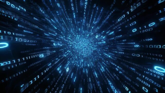 Blue binary code data stream accelerating through digital tunnel with glowing particles
