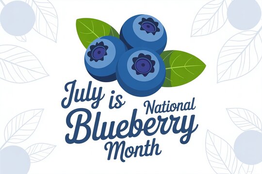 July is National Blueberry Month illustrated fruit graphic leaves white background