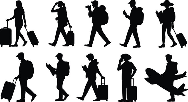 Traveler silhouettes collection, luggage backpack airplane poses, tourism exploration vector, modern journey illustration, vacation adventure design artwork