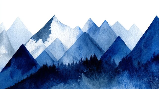 Artistic watercolor painting featuring majestic blue mountain ranges with dense pine forests in a minimalist style on white paper background