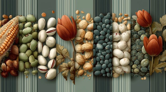 Top view macro composition of assorted dry beans lentils and corn cobs arranged in vertical stripes on textured fabric Balanced diet concept