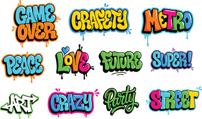 Colorful graffiti typography collection featuring street art words, urban lettering, and creative designs © Mominul
