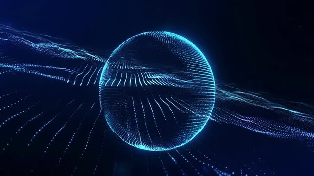 Abstract glowing sphere rotating in digital wave matrix with subtle camera parallax motion