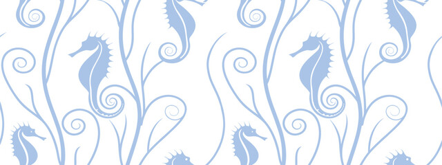 Seamless seahorse pattern featuring elegant marine silhouettes and flowing ocean vines in soft blue tones. Decorative underwater motifs create a calming coastal aesthetic. Perfect for fabric,  © Parul