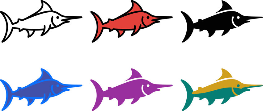 Colorful swordfish icons in different colors on white background