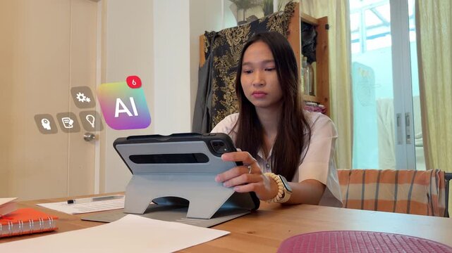A young Southeast Asian female university student in student uniform uses her tablet device, showcasing a 3D tracked AI helper icon with a red notification badge and running number metrics for learnin