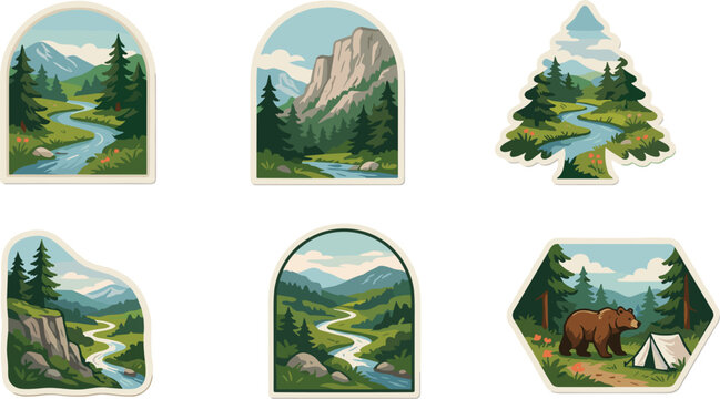 Nature emblem set with winding rivers, alpine mountains, forests, and camping wilderness scenes