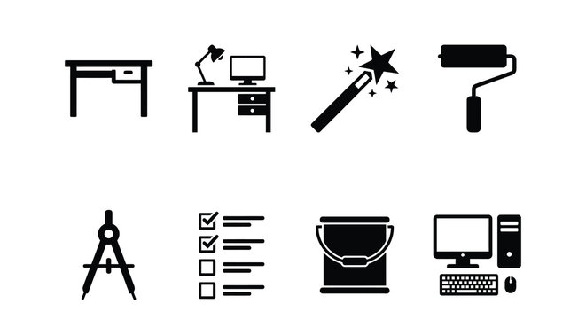 Flat Vector Icons Of Office And Art Supplies On White Background