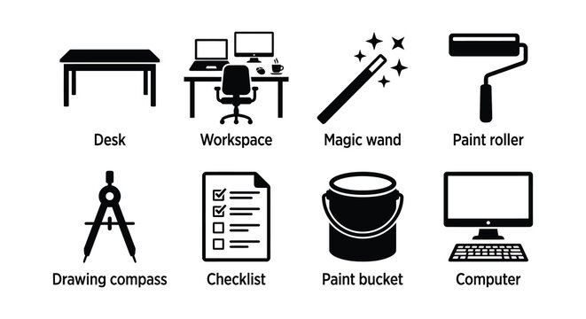 Flat Vector Icons Of Office And Art Supplies On White Background