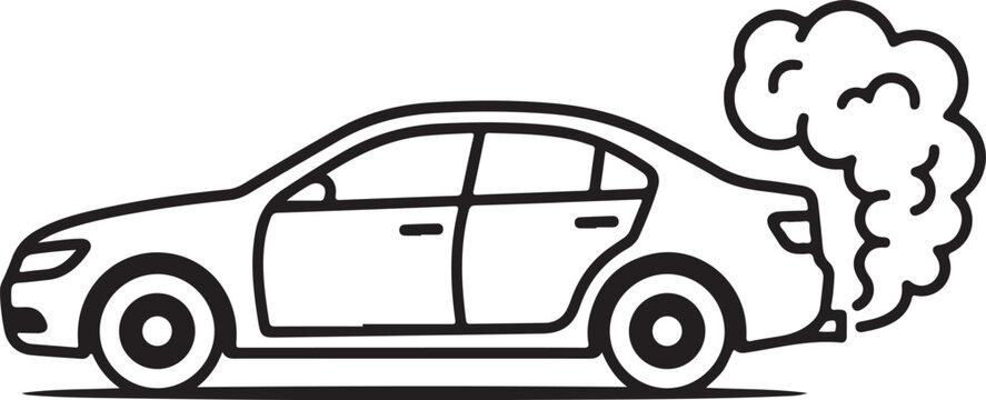 Car line art icon, sedan outline illustration, vehicle exhaust smoke drawing, coloring book car page, automotive pollution concept, funny car farting vector, simple transportation sketch, minimalist c