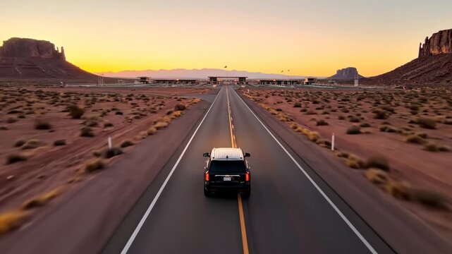 Aerial rear view of SUV on desert highway at dusk, solo traveler crossing monument valley expanse, twolane road stretching to horizon, golden twilight glow, cinematic solitude and open road
