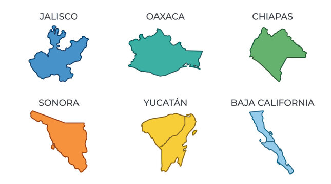 Mexican States Map Shapes: Jalisco, Oaxaca, Chiapas, Sonora, Yucatan, Baja California