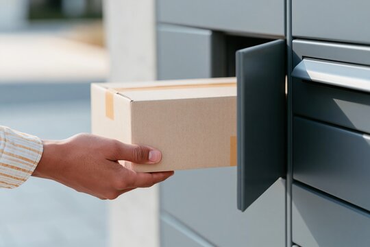 Close up of a hand placing a cardboard parcel into a modern delivery locker with a sleek design, showcasing a contemporary urban environment