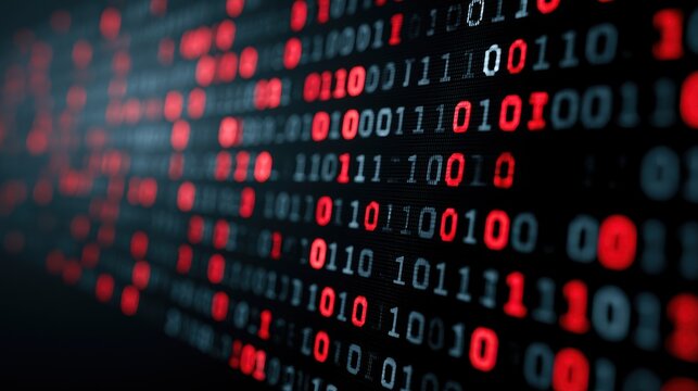 Abstract digital background with glowing red and white binary code