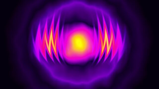 Glowing digital audio wave animation with neon purple and yellow circular sound equalizer