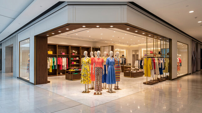 Modern boutique clothing store front with colorful dresses on mannequins