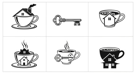 Obraz premium Real estate coffee shop logo collection featuring house icons and cup designs for property business branding and construction company minimalist symbol set vector