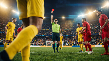 Naklejka premium Referee showing red card to player in yellow kit during night match