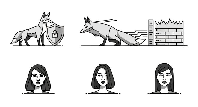 Cyber security and identity icons set. Fox mascot protecting network firewall and woman avatar headshots in flat line art style for web and mobile applications
