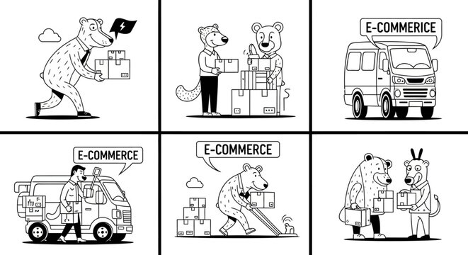 Ecommerce delivery service line art illustration set featuring cute cartoon bears handling parcels and shipping van transport logistics concept vector graphics