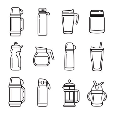 Collection of insulated beverage containers and drinkware in a grid layout with clean linework on white